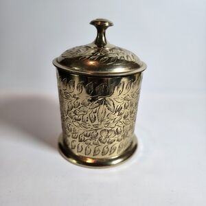 Engraved Brass Lidded Trinket Jar - Gold Toned